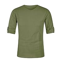 Men's Linen Henley Shirts Long Sleeve Hippie Lightweight Casual Beach T Shirt 2024 Summer Stylish V Neck Dress Shirts