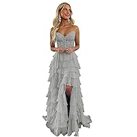 Lace Strapless Corset Prom Dresses 2024 Tiered Ball Gown Ruffle Chiffon Formal Evening Dress with Slit