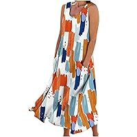 Women's Summer Casual Cotton Linen Sleeveless Scoop Neck Swing Dress Print Flowy Maxi Beach Tank Dress with Pockets