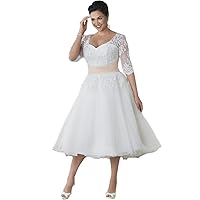 Women's Half Sleeve Tea Length Lace Wedding Dress Plus Size for Bride