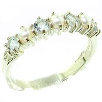 925 Sterling Silver Cultured Pearl & Aquamarine Womans Eternity Ring