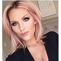 vedar Halloween Candy Pink Wigs for Women Layered Short Bob Pink Synthetic Hair Lace Front Wigs Ombre Pink Wigs with Brown Roots