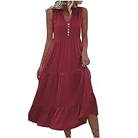 Deals of The Day Amazon Returns Women Summer Flowy Dresses Casual Mid Calf Dress V Neck Button Sleeveless Midi Dress Classy Vacation Sundress Plus Size Bathing Suit Wine