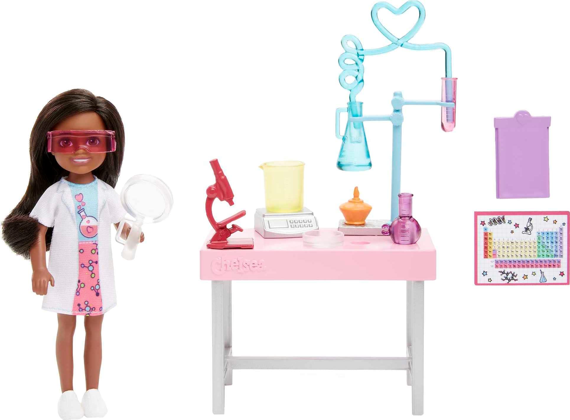 Barbie Chelsea Can Be Doll & Playset, Brunette Scientist Small Doll with Toy Chemistry Lab Table & Stem-Themed Accessories