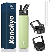 Insulated Water Bottle with Straw,24oz 3 Lids Metal Bottles Stainless Steel Water Flask,Macaron Green