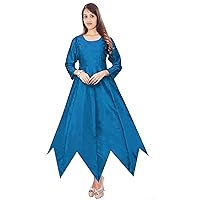 Women's Long Dress Solid Art Poly Silk Tunic Wedding Wear Kurti Blue Maxi Gown Plus Size