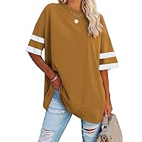 Fisoew Womens Oversized Tees Loose T Shirts Half Sleeve Crew Neck Color Block Cotton Tunic Tops