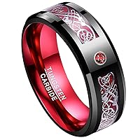 Mens Tungsten Wedding Bands - 8mm Celtic Dragon Ring Black and Red Ring with Carbon Fiber and CZ Inlay Beveled Edges Comfort Fit Size 6-16