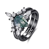 Pear Cut Moss Water Grass Stone Stackable Ring Set with Black Gold Plating and sparkling Zircon - customize a ring