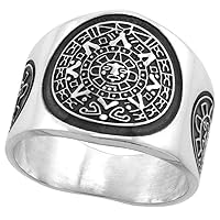 Sterling Silver Aztec Calendar Ring for Men Mayan Sun Sides 18mm Wide, Sizes 8-13