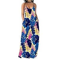 Glozeplus Maxi Dress for Women Beach Vacation Summer Casual Floral Printed Bohemian Long Sundress with Pockets