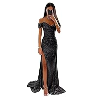 Basgute Sequin Mermaid Prom Dresses for Women 2024 Sparkly Long Off Shoulder V Neck Formal Evening Party Gown with Slit