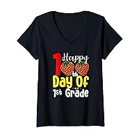Womens Happy 100th Day Of 1st Grade Strawberry Teacher Or Student V-Neck T-Shirt