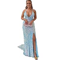 Women's Sequin Mermaid Long Formal Dress with Side Slit 2022 Glitter Spaghetti Straps Prom Party Gown