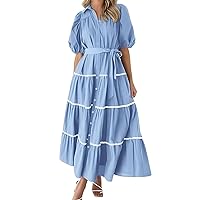 Women Summer Dresses 2024 Casual Short Sleeve Down Shirt Dress Loose Tiered Ruffle A Line Maxi Flowy Swing Beach Dress