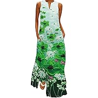 Women's Funny Floral Maxi Dresses Summer Sleeveless V Neck Tank Dress Plus Size Vacation Beach Sundress with Pockets