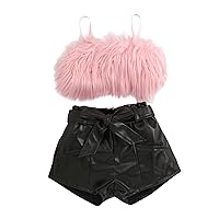 Baby Girl 2PCS Summer Outfits Toddlers Little Girls Sleeveless Faux Fur Strappy Cami Crop Top Denim Shorts Set