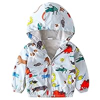 Toddler Baby Boys Cartoon Dinosaur Print Hooded Jacket Long Sleeve Windproof Coats Zip Up Trench Windbreaker Outerwear