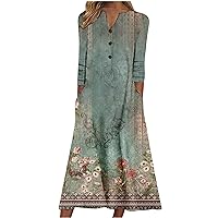 Christmas Clothing for Women 2023 Fall Dresses Casual Long Sleeve Floral Printed Midi Dress Vintage Pocket Dress