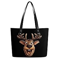 Reindeer Face Women's Handbag PU Leather Tote Bag Purses Top Handle Shoulder Bags for Work Travel Business Shopping Casual
