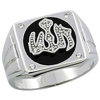 Mens Sterling Silver Black Onyx Allah Ring CZ Stones & Frosted Stripes on Sides, 1/2 inch Wide