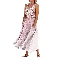 Hawaiian Dresses for Women with Pockets Sleeless Floofy Linen Flower Patterned Stretch Round Neck Womens Dresses Summer 2024