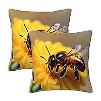 Honey Bee and Flower Print Throw Pillow Cases Pack of 2, Decorative Cushion Covers for Couch Bed Sofa Farmhouse 18 X 18 Inch