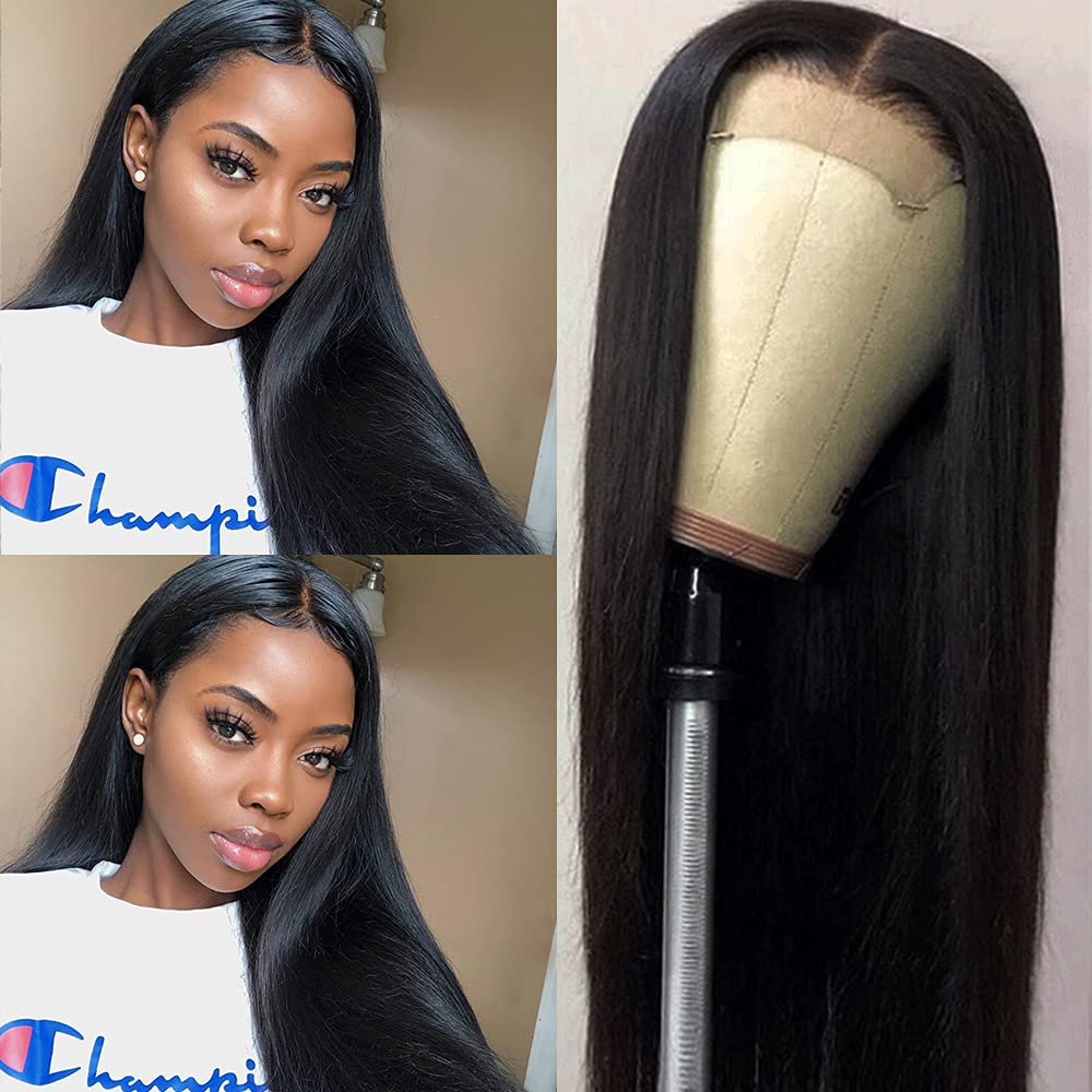 Muokass 4x4 HD Lace Closure Wigs Human Hair 180% Density Straight Brazilian Virgin Hair Lace Front Wigs Human Hair Wigs For Black Women Human Hair Glueless Wigs Human Hair Pre Plucked With Elastic Bands Natural Color 26 Inch