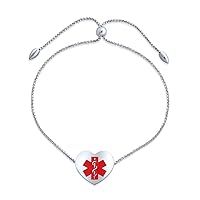 Personalize Customizable Feminine Heart Shape Charm Tag Medical ID Box Link Chain Bolo Bracelet thin Adjustable Engrave For Women Teen Silver Tone Stainless Steel
