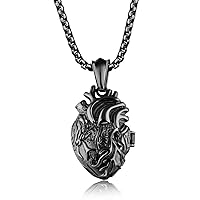 Stainless Steel Anatomical Organ Heart Pendant Locket Necklace for Men Birthday,Father's Day Gift,Silver,Gold,Black