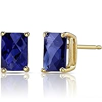 Peora 14K Yellow Gold 2.50 Carats Created Blue Sapphire Earrings for Women, Classic Solitaire Studs, 7x5mm Radiant Cut, Friction Back