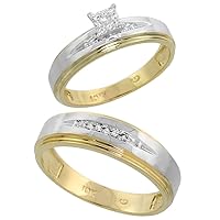 Genuine 10k Yellow Gold Diamond Trio Wedding Sets for Him and Her Eye Groove 3-piece 6mm & 5mm wide 0.11 cttw Brilliant Cut sizes 5-14