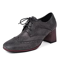 Women's Square Toe Wingtip Oxfords Chunky Heel Lace Up Vintage Oxford Shoes