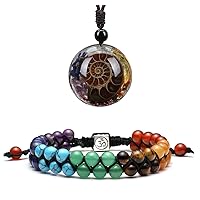 Top Plaza Bundle – 2 Items: 7 Chakra Healing Crystals Bracelet Stone Beads Bracelets & Resin Ammonite Fossil Spiral Necklace