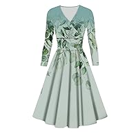 Formal Long Sleeve Dress for Women Trendy V Neck Casual Elegant Smocked Flowy Midi Dress Sexy Floral A Line Dress