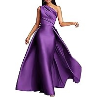 One Shoulder Prom Dress for Women Satin Formal Dresses Sleeveless A Line Evening Party Gowns with Overskirt