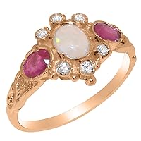 LBG 18k Rose Gold Natural Opal Ruby Cubic Zirconia Womens Trilogy Ring - Sizes 4 to 12 Available