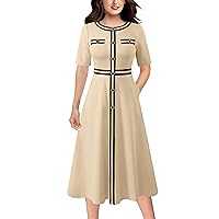VFSHOW Womens Buttons Patchwork Work Business Office A-Line Midi Crew Neck Professional Career Fit and Flare Mid-Calf Dress