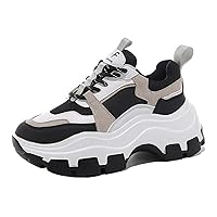 Trainers for Women Non-Slip Platform Lace-Up Low-Top Leisure Chunky Shoes Patchwork Suede Leather Breathable Fitness Sports Shoes Black White Fashion