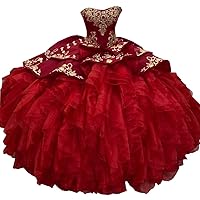 Strapless Gold Embroideried Satin Ruffle Quinceanera Formal Wedding Dresses Ball Gowns Plus Size Vintage Corset Burgundy 4