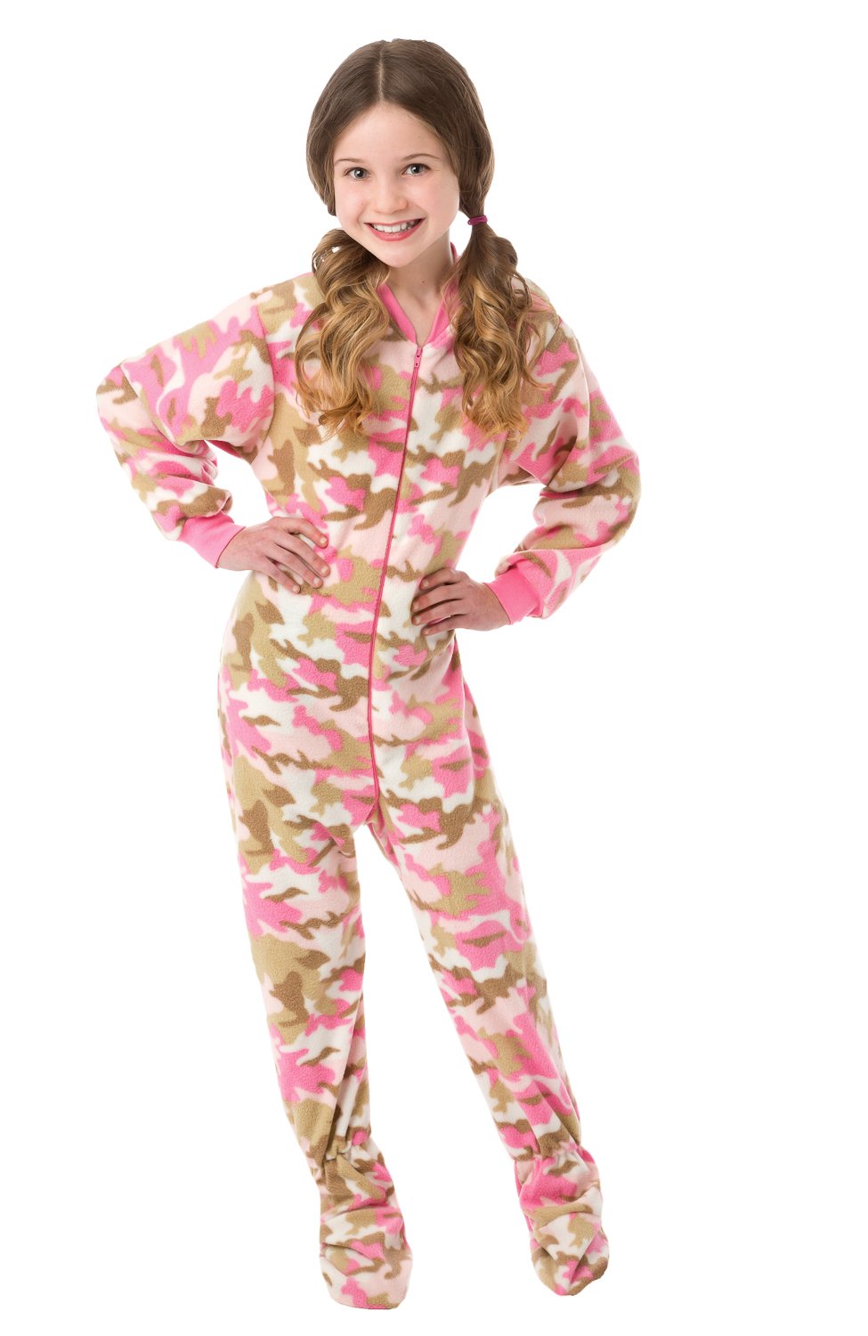 BIG FEET PAJAMA CO. Pink Camo One Piece Girls Youth Kids Footed Onesie Fleece Footie Pajamas