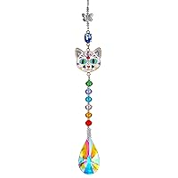 Crystal Rhinestones Suncatcher Cat Face Shaped with Butterfly Window Hang Pendant, Rainbow Crystal Colorful Prisms Ornament Gift Christmas Tree Decoration