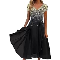 Spring Dresses Modest Ruched Wedding Ruffle Summer Knit High Waist Sequin Mesh Glitter Short Sleeve V Neck Trendy Y2K