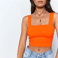 GANG Sleeveless Cropped Summer top with Square Neck, Women's Off-The-Shoulder Tank top, Casual Basic tee (Color : Orange, Size : Large)