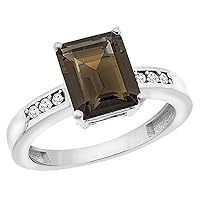 10K White Gold Natural Smoky Topaz Octagon 9x7 mm with Diamond Accents, sizes 5-10