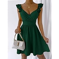 Women's Dress Dresses for Women Ruffle Trim Surplice Neck Tie Back Dress Dresses for Women (Color : Dark Green, Size : Large)