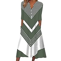 Women Fashion Color Block Stripe Button A-Line Dress Summer Short Sleeve V-Neck Casual Flowy Midi Dress with Pockets