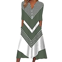 Women's Summer Geometric Pattern T-Shirt Dress Color Block Short Sleeve V Neck Button Down Maxi Dresses with Pockets