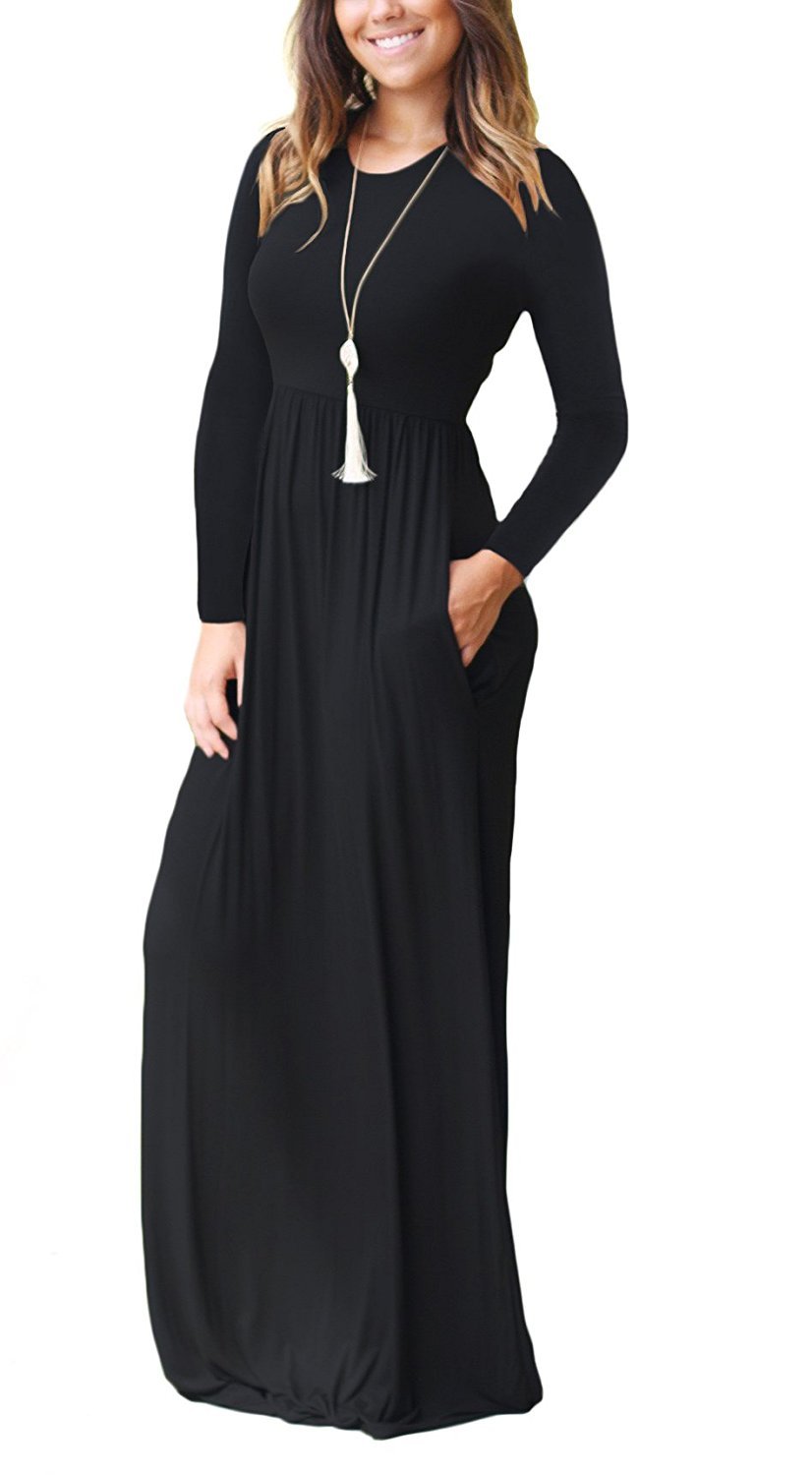 GRECERELLE Women's Long Sleeve Loose Plain Maxi Dresses Casual Long Dresses with Pockets