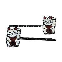 Punk Japan Japanese Lucky Cat Maneki Neko Red Black White Metal Hair Bobby Pins